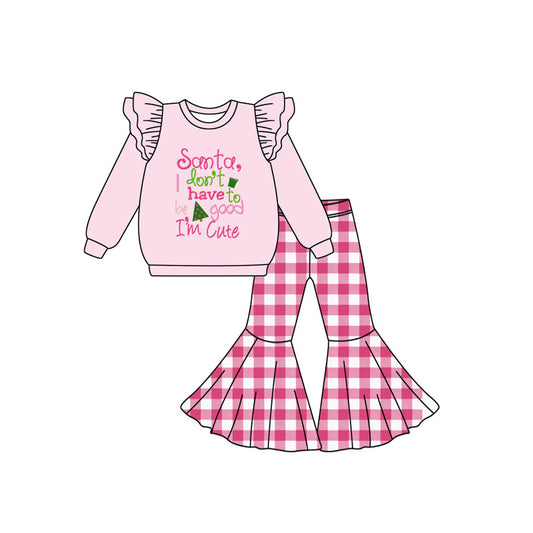 (Pre-order)GLP2381 Santa Top Plaid Bell Pants Girls Christmas Clothes Set