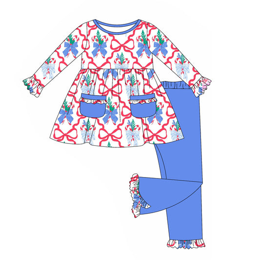 (Pre-order)GLP2383 Candy Cane Bows Tunic Top Blue Dots Pants Girls Christmas Clothes Set