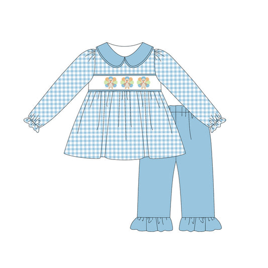 (Pre-order)GLP2386 Turkey Plaid Tunic Top Blue Pants Girls Thanksgiving Clothes Set