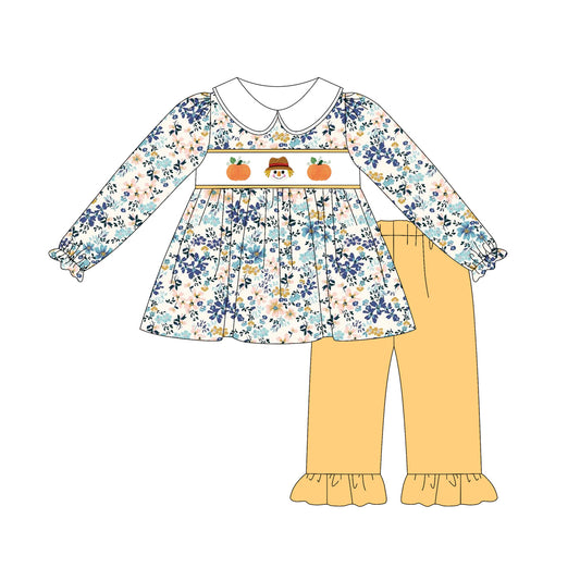 (Pre-order)GLP2387  Pumpkin Flowers Tunic Top Yellow Pants Girls Fall Clothes Set