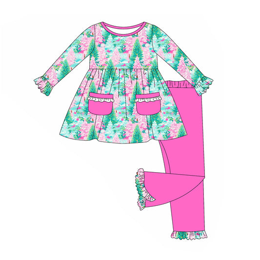 (Pre-order)GLP2388 Tree Pockets Tunic Top Hot Pink Pants Girls Christmas Clothes Set