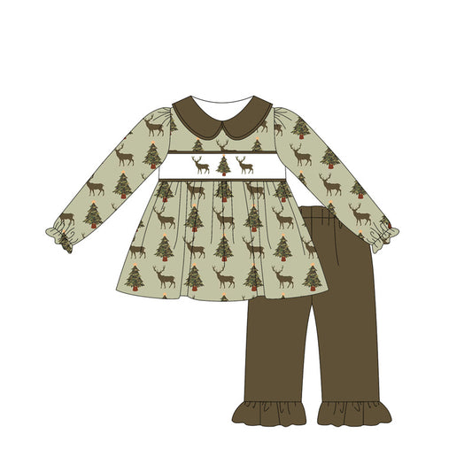 (Pre-order)GLP2392  Deer Tree Camo Tunic Top Brown Pants Girls Christmas Clothes Set
