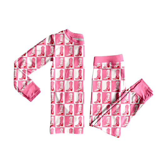 (Pre-order)GLP2394 Boots Pink Plaid Print Girls Fall Pajamas Clothes Set