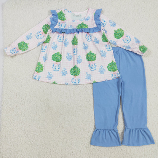 GLP2396 Bonsai Plaid Tunic Top Blue Pants Girls Fall Clothes Set