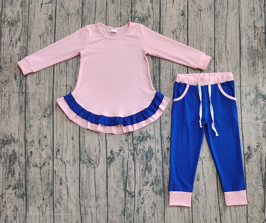 (Pre-order)GLP2401 Pink Ruffle Top Sapphire Pockets Pants Girls Fall Clothes Set