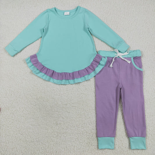 GLP2402 Blue Ruffle Top Purple Pockets Pants Girls Fall Cotton Clothes Set