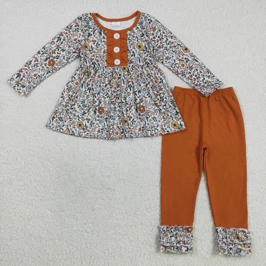 GLP2404 Flowers Tunic Top Brown Pants Girls Fall Clothes Set