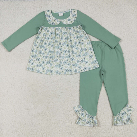 GLP2407 Flowers Tunic Top Green Pants Girls Fall Clothes Set