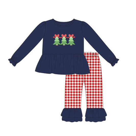 (Pre-order)GLP2412 Tree Navy Top Plaid Pants Girls Christmas Clothes Set