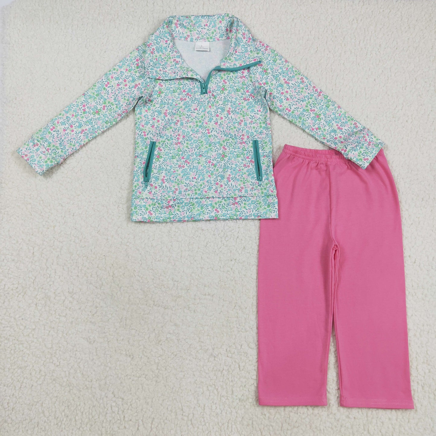 GLP2414 Colorful Flowers Zipper Pullover Top Pink Pants Girls Fall Clothes Set