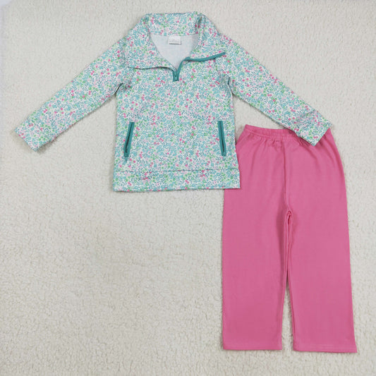 GLP2414 Colorful Flowers Zipper Pullover Top Pink Pants Girls Fall Clothes Set