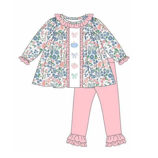 (Pre-order)GLP2418 Pumpkin Flowers Tunic Top Pink Pants Girls Fall Clothes Set