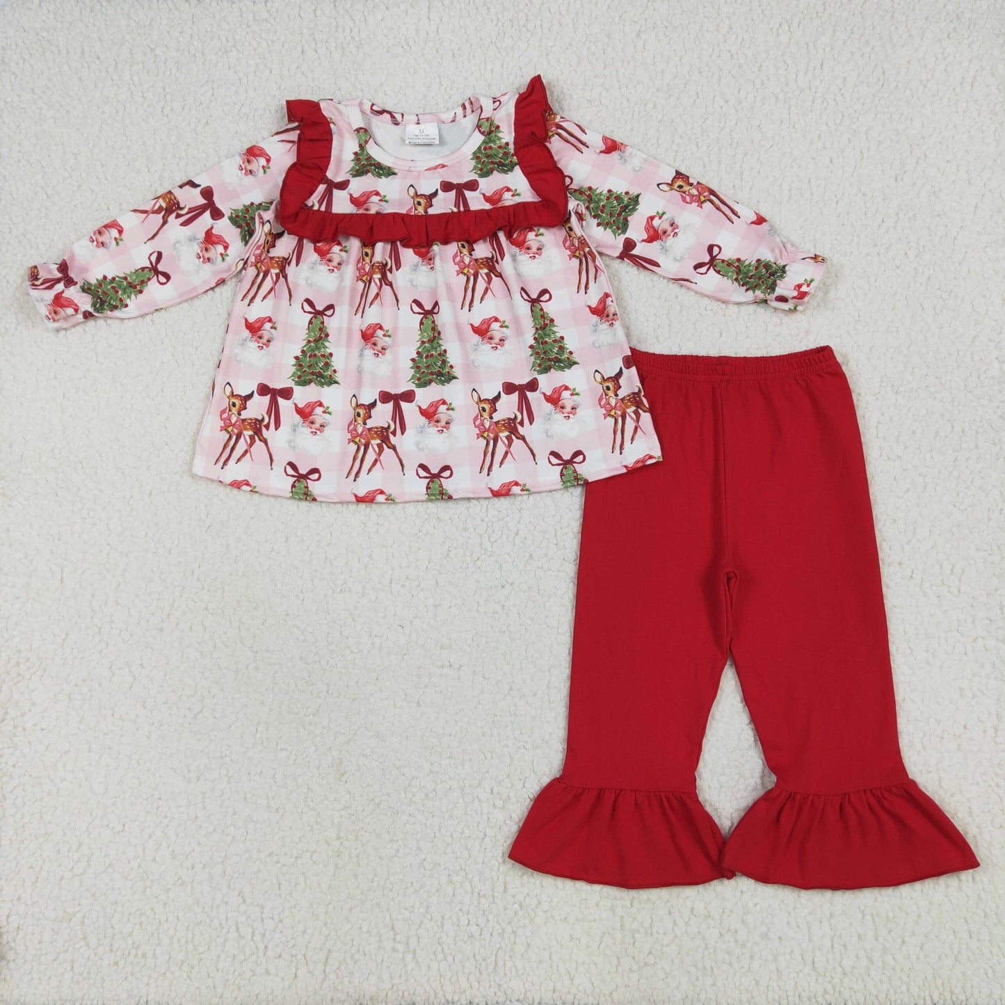 Santa Deer Bows Print Girls Christmas Clothes Sisters Matching Wear