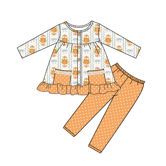 (Pre-order)GLP2426 Pumpkin Flowers Bows Tunic Top Orange Dots Pants Girls Fall Clothes Set
