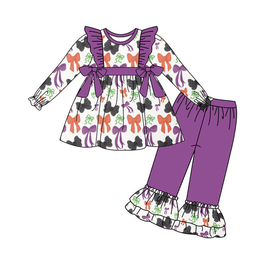 (Pre-order)GLP2428 Orange Purple Bows Tunic Top Ruffle Pants Girls Halloween Clothes Set