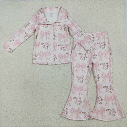 GLP2429 Flowers Bows Pink Zipper Top Bell Pants Girls Yoga Clothes Set