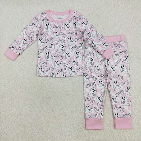 GLP2433 Ghost BOO Plaid Print Girls Halloween Pajamas Clothes Set