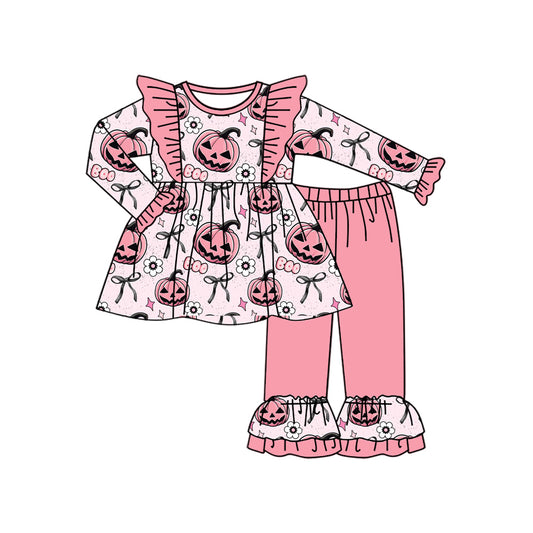 (Pre-order)GLP2434 Pumpkin Flowers Bows Tunic Top Pink Pants Girls Halloween Clothes Set