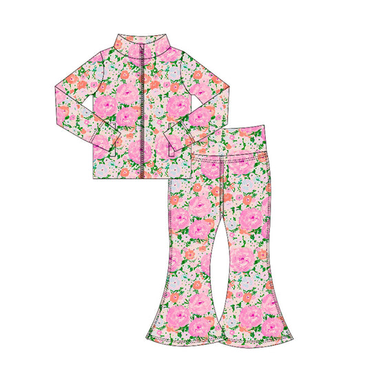 (Pre-order)GLP2436 Pink Flowers Zipper Top Bell Pants Girls Yoga Clothes Set