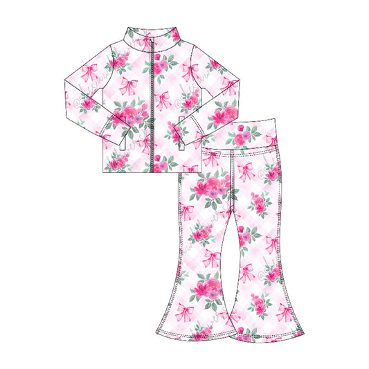 (Pre-order)GLP2439 Hot Pink Flowers Bows Zipper Top Bell Pants Girls Yoga Clothes Set