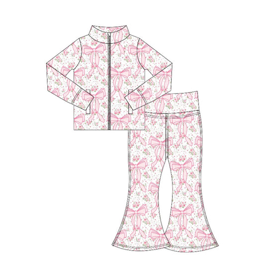 (Pre-order)GLP2440 Pink Flowers Bows Zipper Top Bell Pants Girls Yoga Clothes Set