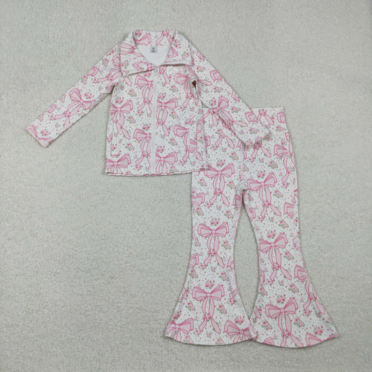 GLP2440 Pink Flowers Bows Zipper Top Bell Pants Girls Yoga Clothes Set