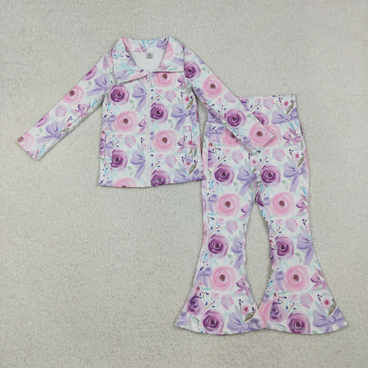 GLP2441 Purple Flowers Bows Zipper Top Bell Pants Girls Yoga Clothes Set
