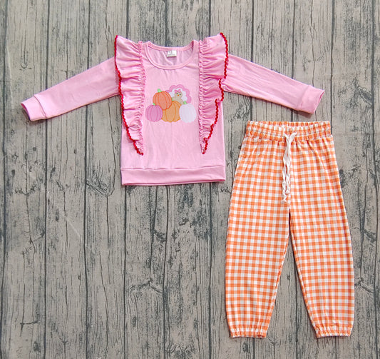 (Pre-order)GLP2442 Pumpkin Pink Top Orange Plaid Pants Girls Fall Clothes Set