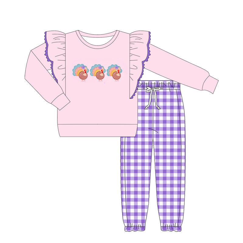 (Pre-order)GLP2443 Turkey Pink Top Purple Plaid Pants Girls Thanksgiving Clothes Set