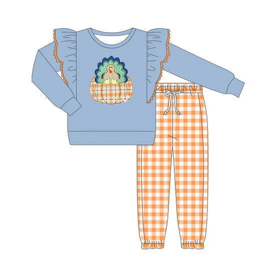 (Pre-order)GLP2444 Turkey Pumpkin Top Orange Plaid Pants Girls Thanksgiving Clothes Set