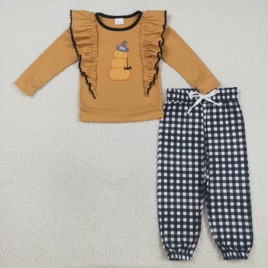 GLP2445 Pumpkin Embroidery Top Black Plaid Pants Girls Halloween Clothes Set