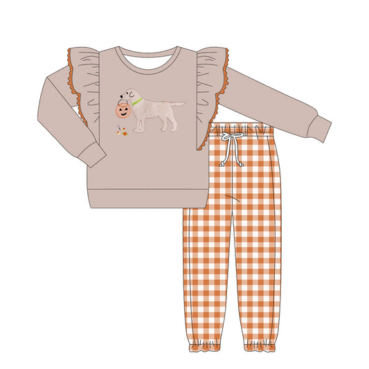 (Pre-order)GLP2446 Pumpkin Dog Top Orange Plaid Pants Girls Halloween Clothes Set