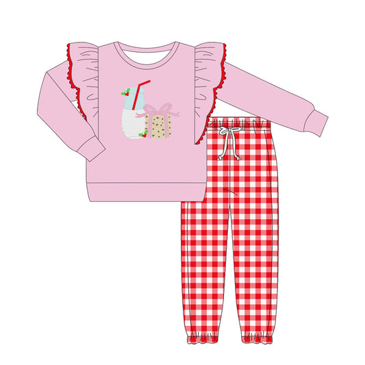 (Pre-order)GLP2447 Milk Pink Top Red Plaid Pants Girls Christmas Clothes Set