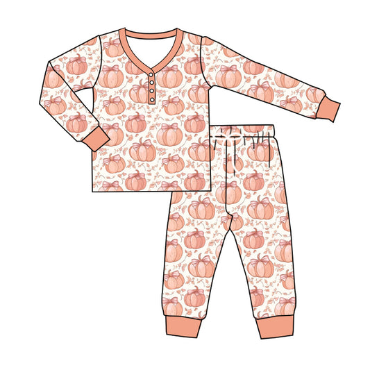 (Pre-order)GLP2450 Adult Pumpkin Bows Print Woman Fall Pajamas Clothes Set