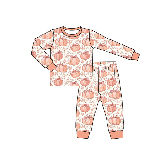 (Pre-order)GLP2451 Pumpkin Bows Print Girls Fall Pajamas Clothes Set