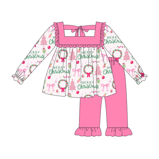 (Pre-order)GLP2454 Merry Christmas Holly Bows Tunic Top Pink Pants Girls Christmas Clothes Set