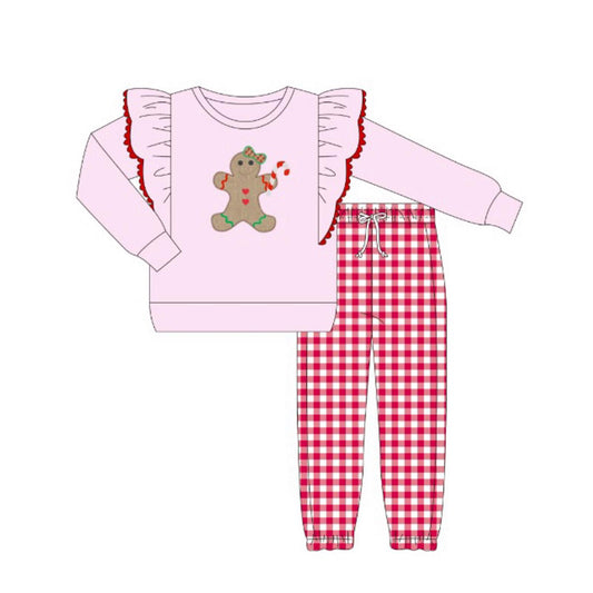 (Pre-order)GLP2455 Gingerbread Top Red Plaid Pants Girls Christmas Clothes Set