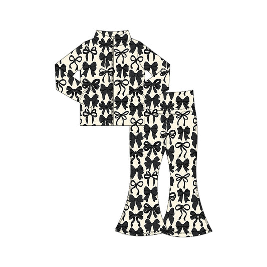 (Pre-order)GLP2457 Black Bows Zipper Top Bell Pants Girls Yoga Clothes Set