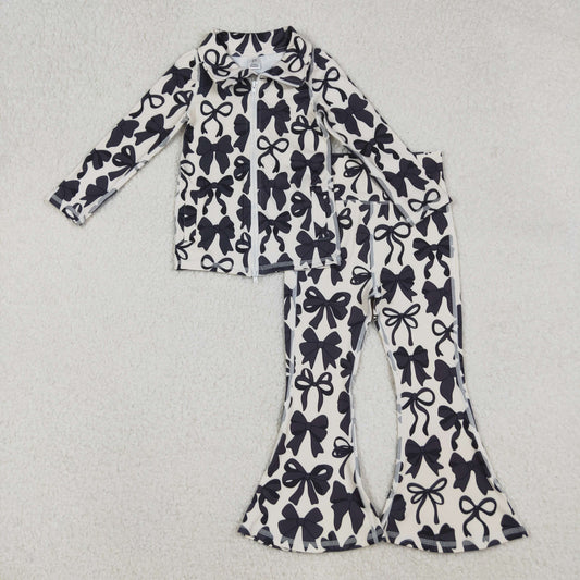 GLP2457 Black Bows Zipper Top Bell Pants Girls Yoga Clothes Set