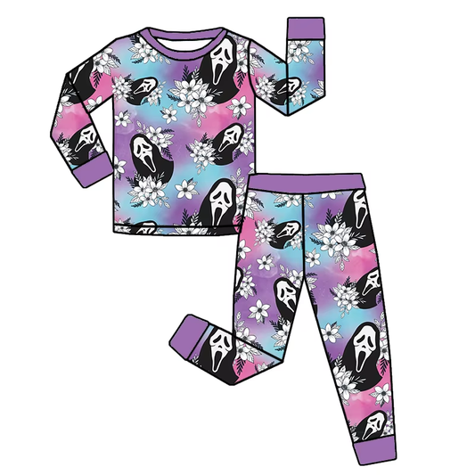 (Pre-order)GLP2459 Ghost Flowers Purple Print Girls Halloween Pajamas Clothes Set