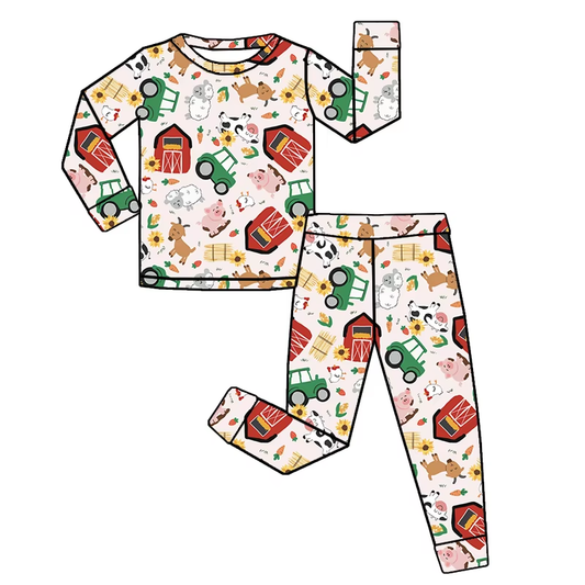 (Pre-order)GLP2462 Farm Animals Print Girls Fall Pajamas Clothes Set