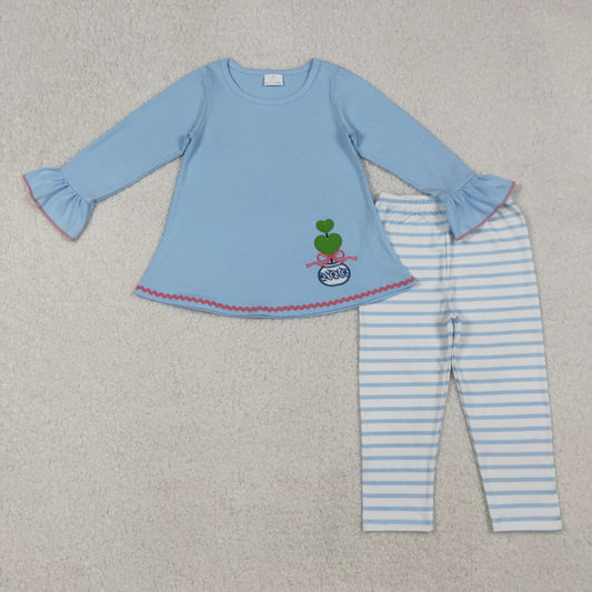 GLP2465 Green Heart Embroider Blue Tunic Top Stripes Pants Girls Fall Clothes Set
