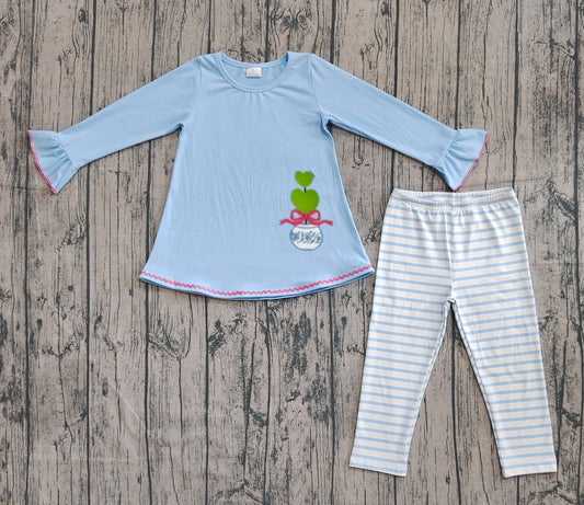 (Pre-order)GLP2465 Blue Tunic Top Stripes Pants Girls Fall Clothes Set