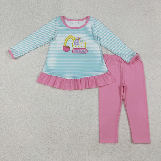 GLP2466 Excavator Embroidery Stripes Tunic Top Pink Pants Girls Fall Clothes Set