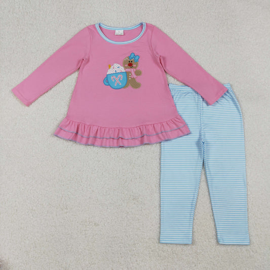 GLP2467 Gingerbread Embroidery Pink Tunic Top Blue Stripes Pants Girls Christmas Clothes Set