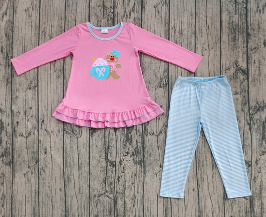 (Pre-order)GLP2467 Gingerbread Pink Tunic Top Blue Stripes Pants Girls Christmas Clothes Set