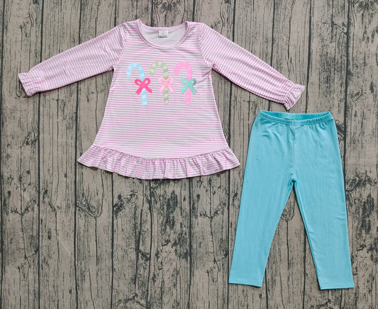 (Pre-order)GLP2468 Candy Cane Stripes Tunic Top Blue Pants Girls Christmas Clothes Set