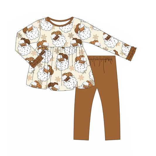 (Pre-order)GLP2469 Santa Tunic Top Brown Pants Girls Christmas Clothes Set