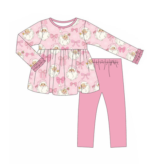 (Pre-order)GLP2470 Santa Bows Tunic Top Pink Pants Girls Christmas Clothes Set