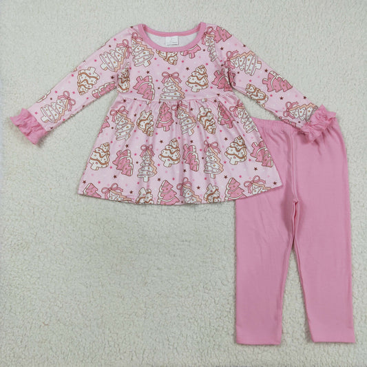 GLP2471 Debbie Cake Bows Tunic Top Pink Pants Girls Christmas Clothes Set
